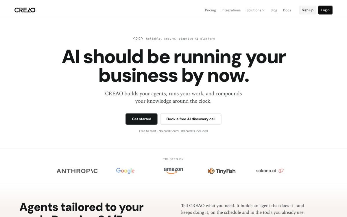 Page d'accueil de Creao AI : « AI should be running your business by now »