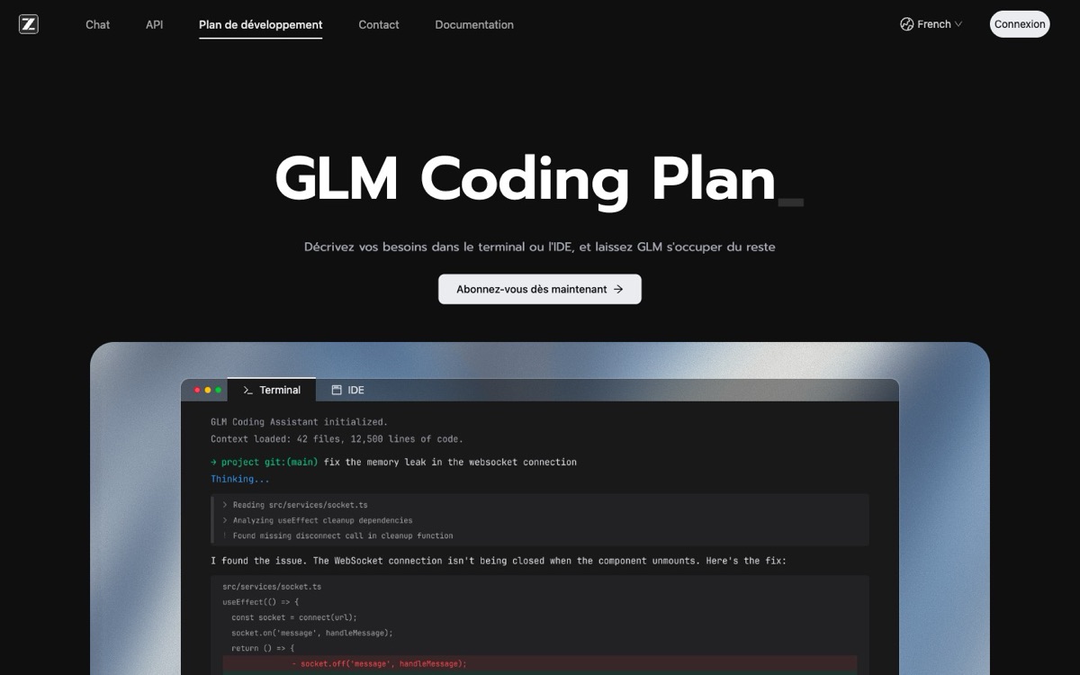 Page d'accueil du GLM Coding Plan sur z.ai : « Décrivez vos besoins dans le terminal ou l'IDE, et laissez GLM s'occuper du reste »