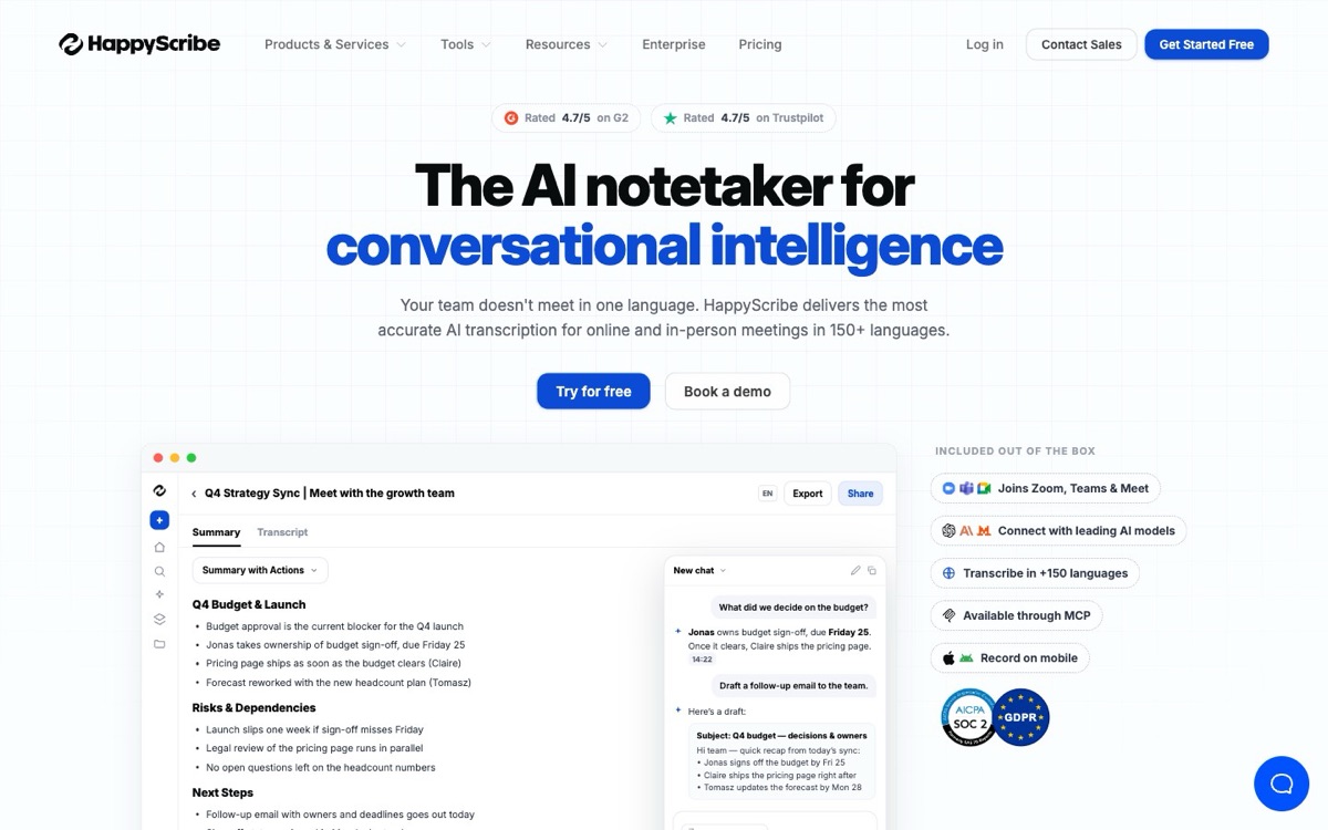 Page d'accueil de HappyScribe : transcription IA de réunions en 150+ langues, notée 4,7/5 sur G2 et Trustpilot