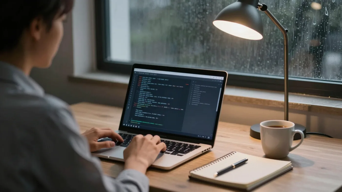Consultant travaillant de nuit sur un portable affichant un terminal, lampe de bureau et carnet