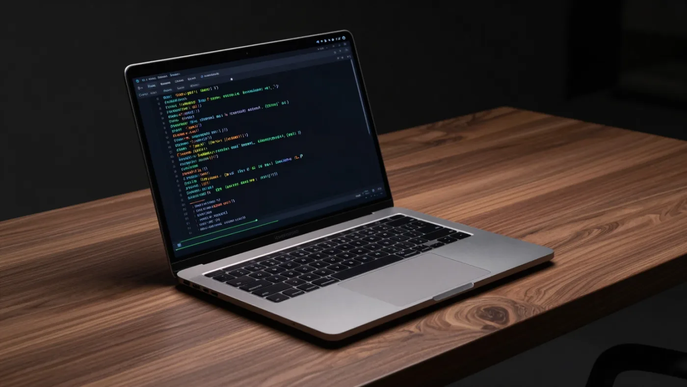 MacBook Pro ouvert sur un bureau sombre, terminal affichant une génération de texte en cours